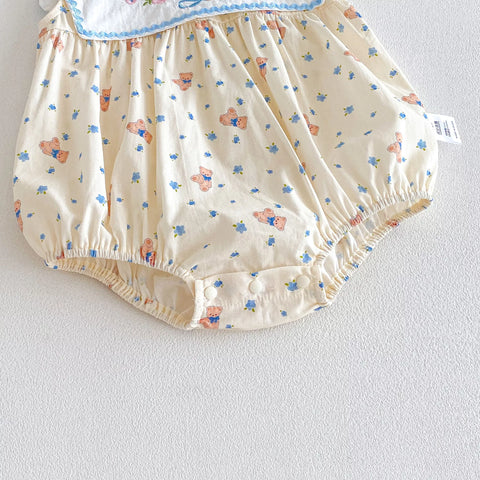Baby Girl Square Bib Collar Bear Print Bodysuit