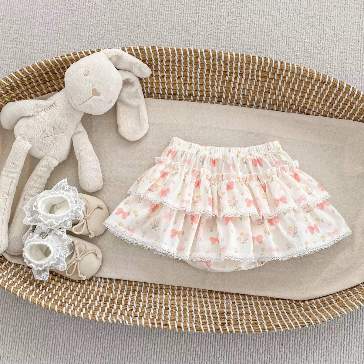 Girls Tiered Ruffle Bow Print Skirt