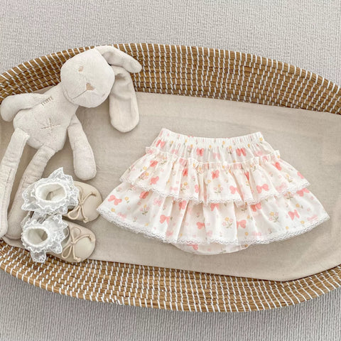 Girls Tiered Ruffle Bow Print Skirt