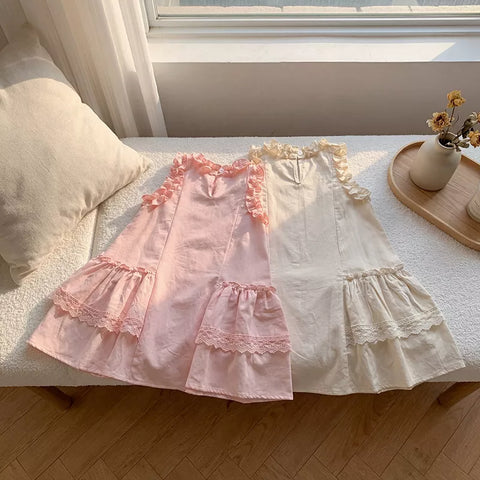 Girls Ruffle Low Waist Ribbon Emb Dress