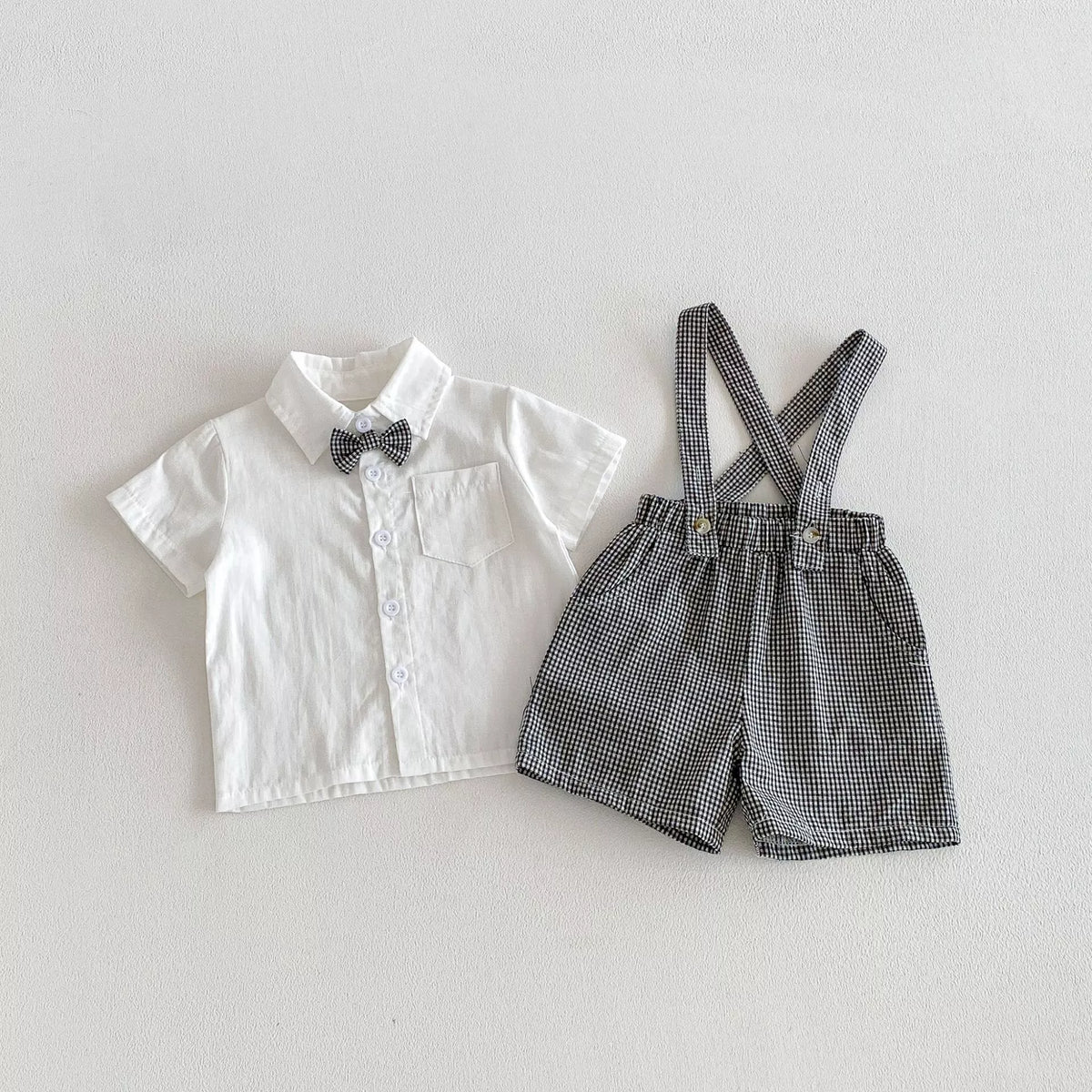 2 Pc Boys Plaid Suspenders Shorts & Shirt Set