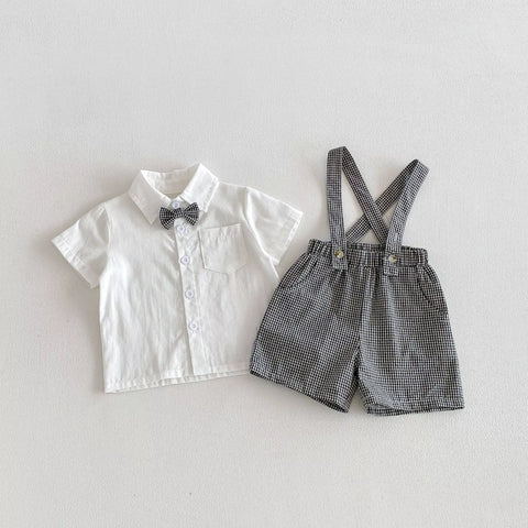 2 Pc Boys Plaid Suspenders Shorts & Shirt Set