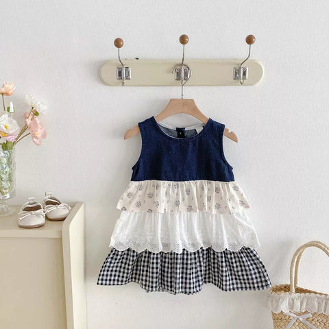 Girls Ruffle Tiered Mix Fabric Skirt Dress