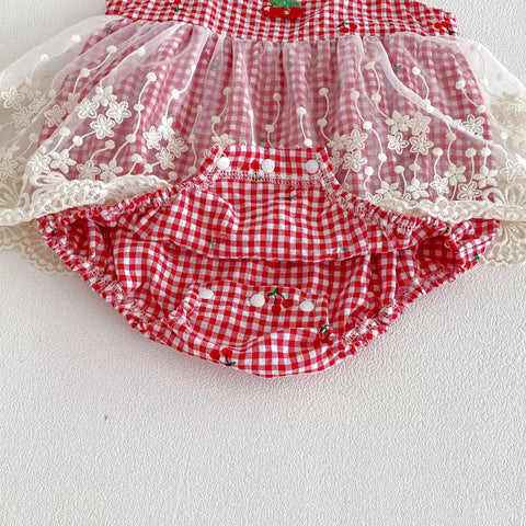 Baby Girl Cherry Plaid Lace Overlay Bodysuit Dress
