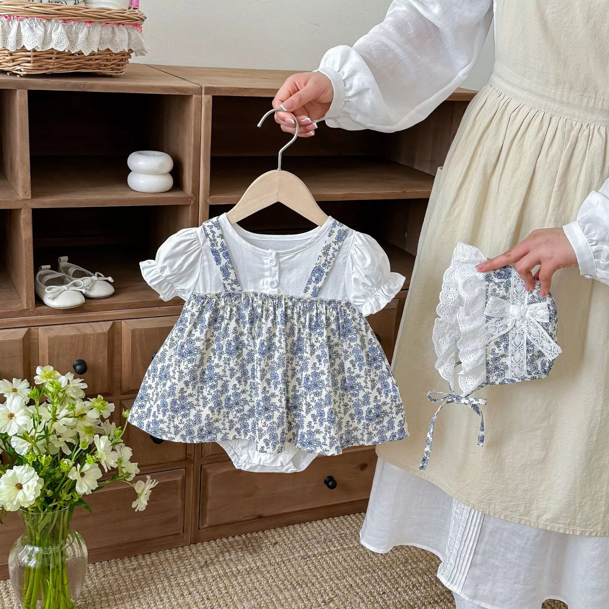 2 Baby Girl Floral Print Bodysuit Dress w/ Bonnet