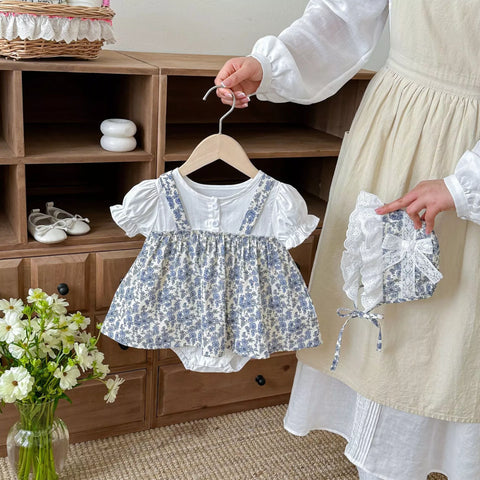 2 Baby Girl Floral Print Bodysuit Dress w/ Bonnet