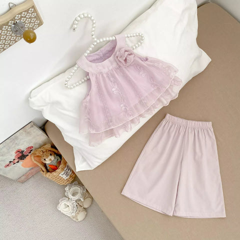 2 Pc Halter Rosette Top & Wide Pants Set