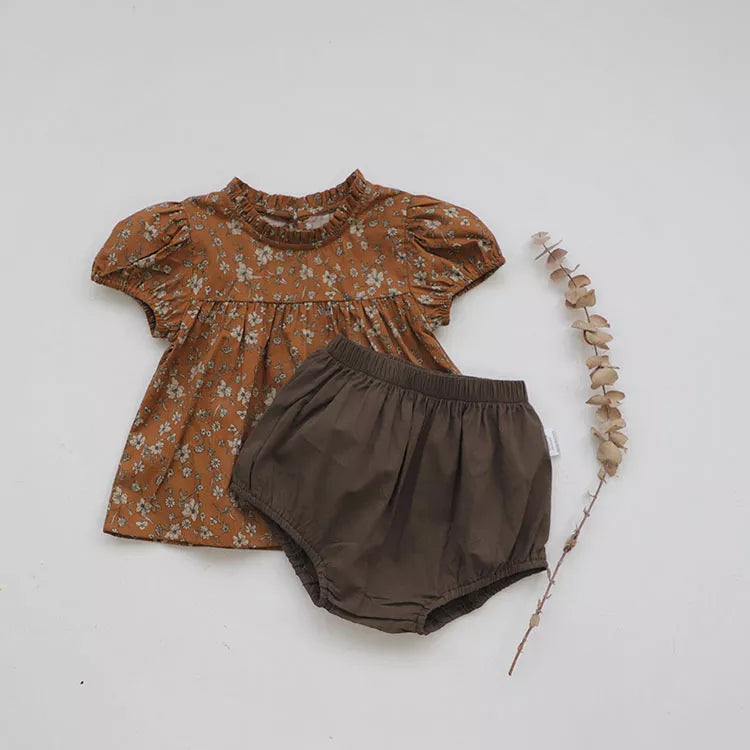 2 Pc Girls Ruffle Neck Top & Bloomers Set