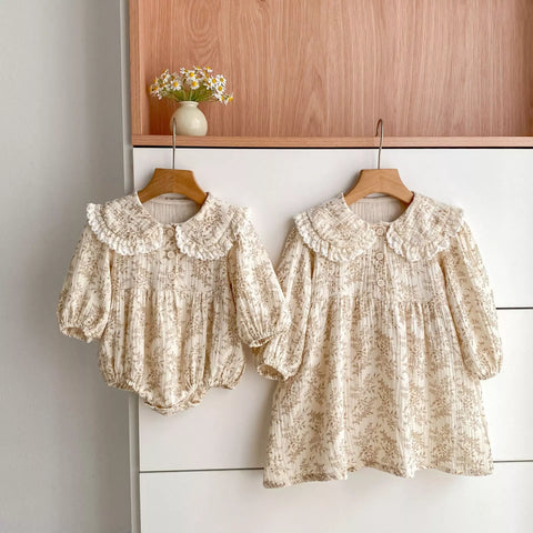 Girls Autumn Floral Print Collar Dress Or Bodysuit