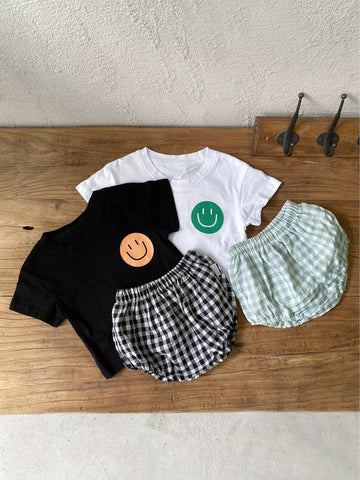2 Pc Unisex Baby Happy Face Tee and Gingham Shorts