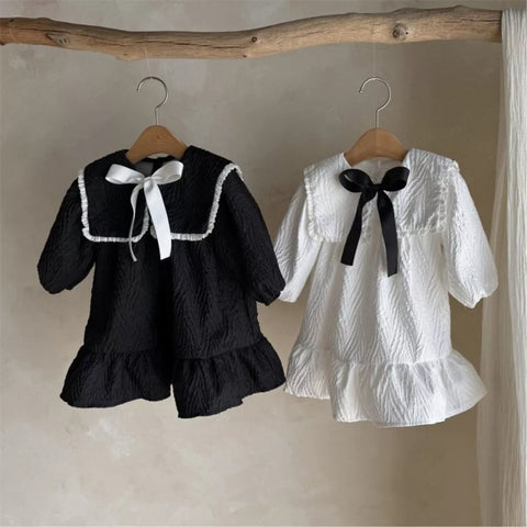 Baby Girl Textured Butterfly Collar Bow Dress
