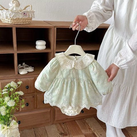 Baby Girl Floral Embroidered Lace Collar Bodysuit Dress