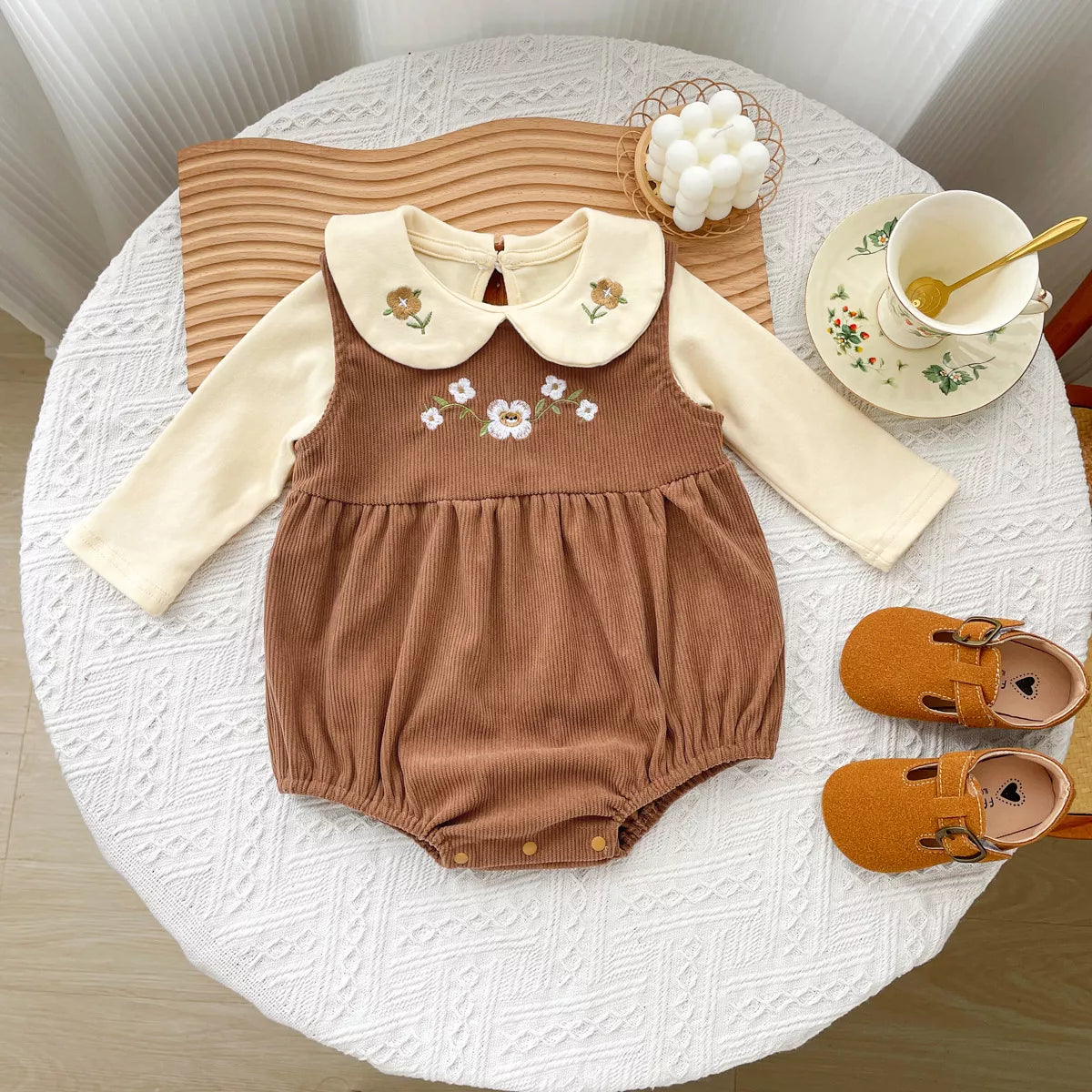 2 Pc Baby Girl Flower Emb Bodysuit Set