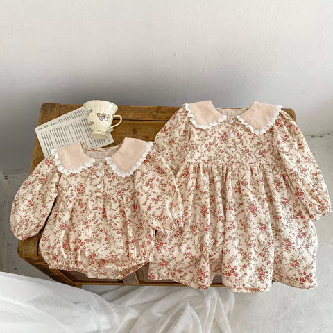 Girls Autumn Floral Vintage Style Bodysuit/Dress