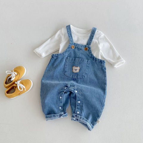 2 Pc Baby Denim Bear Overall w/ Long Sleeve Shirt