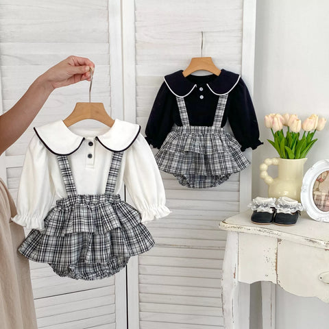 2 Pc Baby Girl Plaid Overall Skirt w/ Collar Shirt