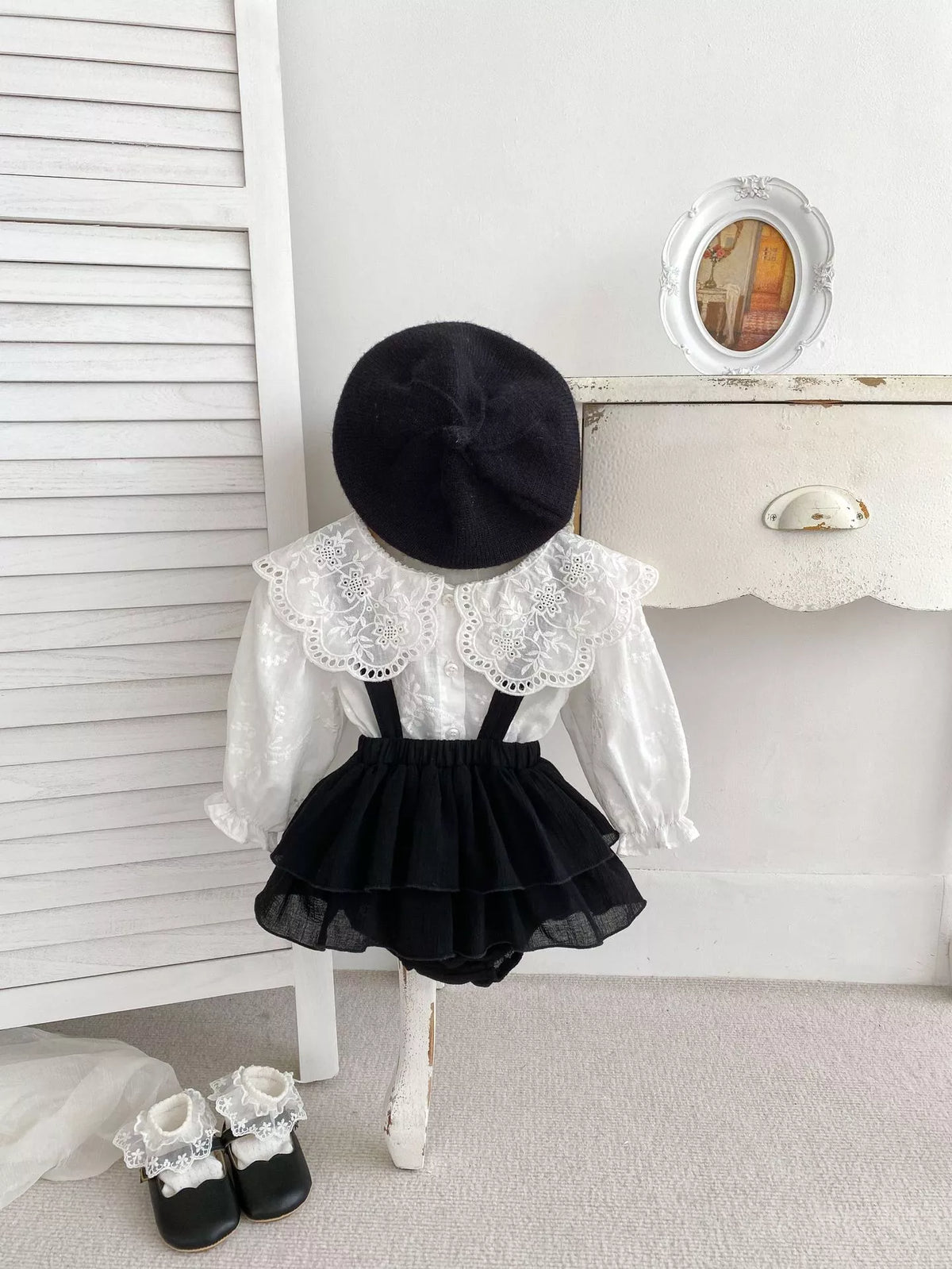 3 Pc Baby Girl Overall Skirt w/ Lace Collar Shirt & Beret
