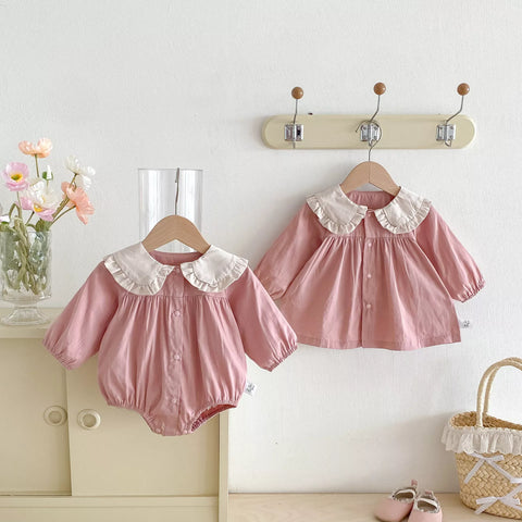 Baby Girl Cotton Ruffle Bunny Ears Collar Bodysuit/Dress