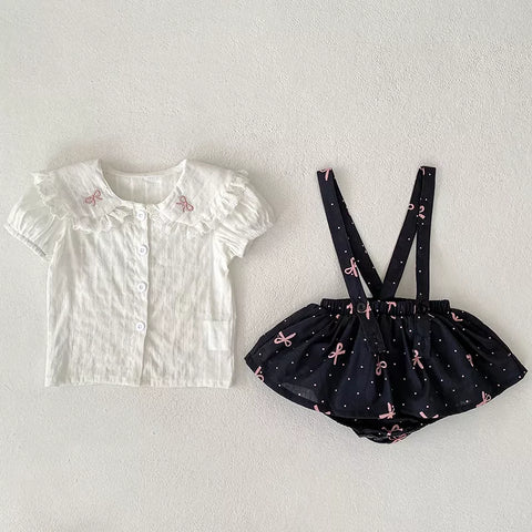 2 Pc Parisian Overall Skirt with Bow Collar Shirt