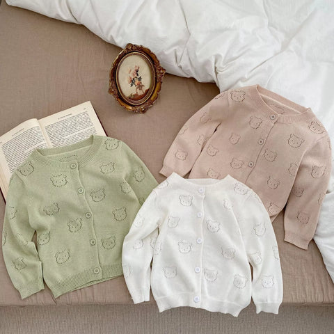 Baby Girl Pointelle Bear Thin Cardigan