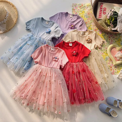 Girls Mesh Skirt Flower Tee Shirt Dress