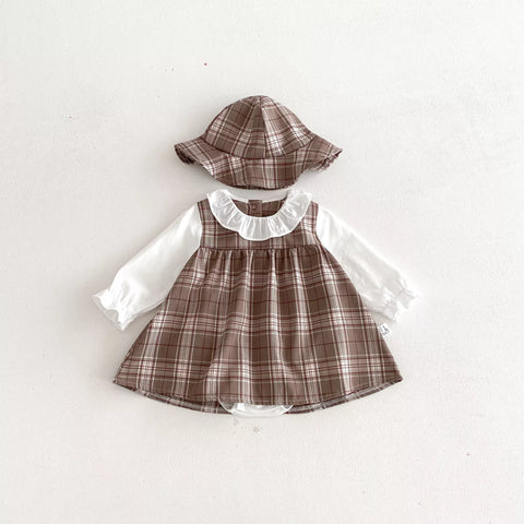 2 Pc Baby Girl Long Sleeve Plaid Dress with Hat