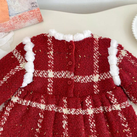 Girls Winter Plaid Furry Trim Dress