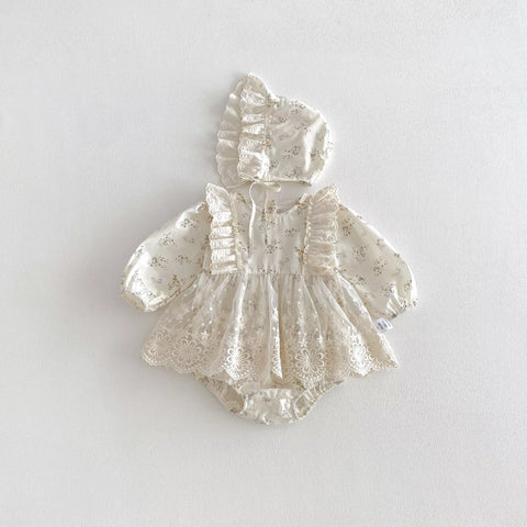 2 Pc Baby Girl Ditsy Lace Floral Dress with Bonnet