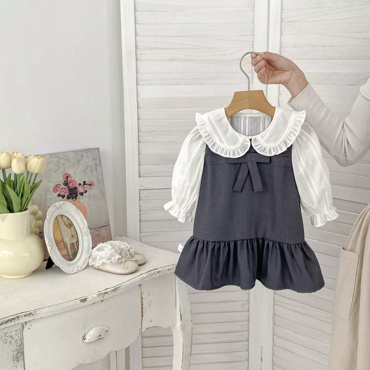 2 Pc Girls Ruffle Collar Shirt with Drop Waist Jumper Dress