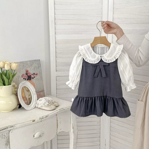 2 Pc Girls Ruffle Collar Shirt with Drop Waist Jumper Dress