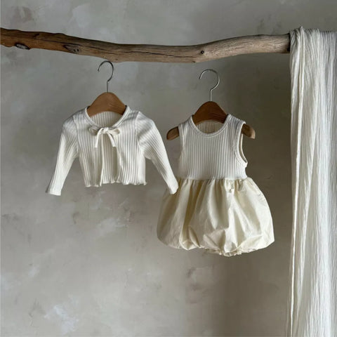 2 Pc Baby Girl Ribbed Cardigan & Bubble Hem Dress
