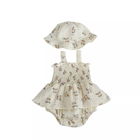 2 Pc Baby Smocked Bodysuit Dress w/Hat