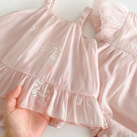 Baby Girl Bubble Sleeve Embroidered Fabric Bodysuit