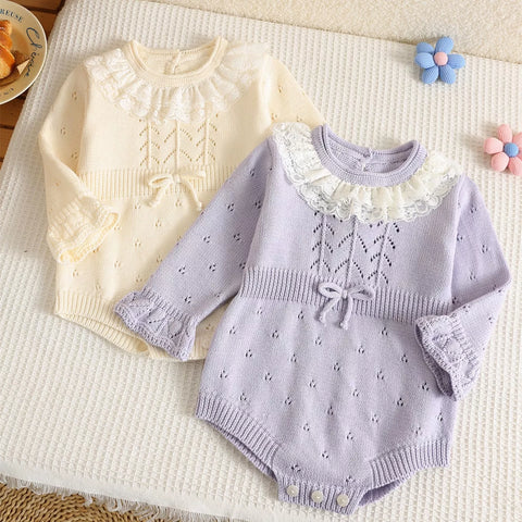 Baby Girl Knitted Pattern Lace Collar Bodysuit