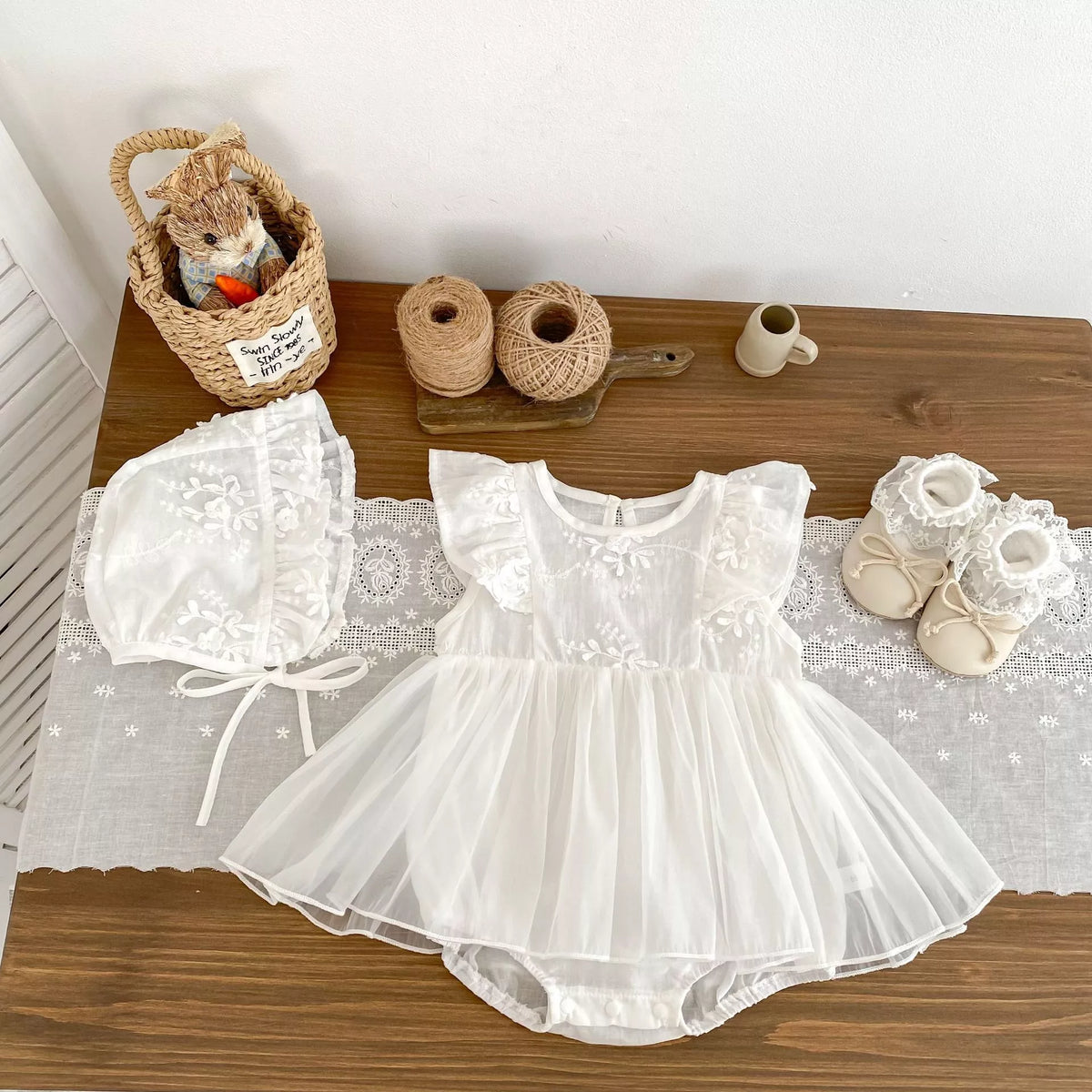 2 Pc Baby Girl Sheer Floral Dress with Bonnet