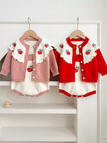 2 Pc Baby Girl Strawberry Contrast Cardigan & Bodysuit Set