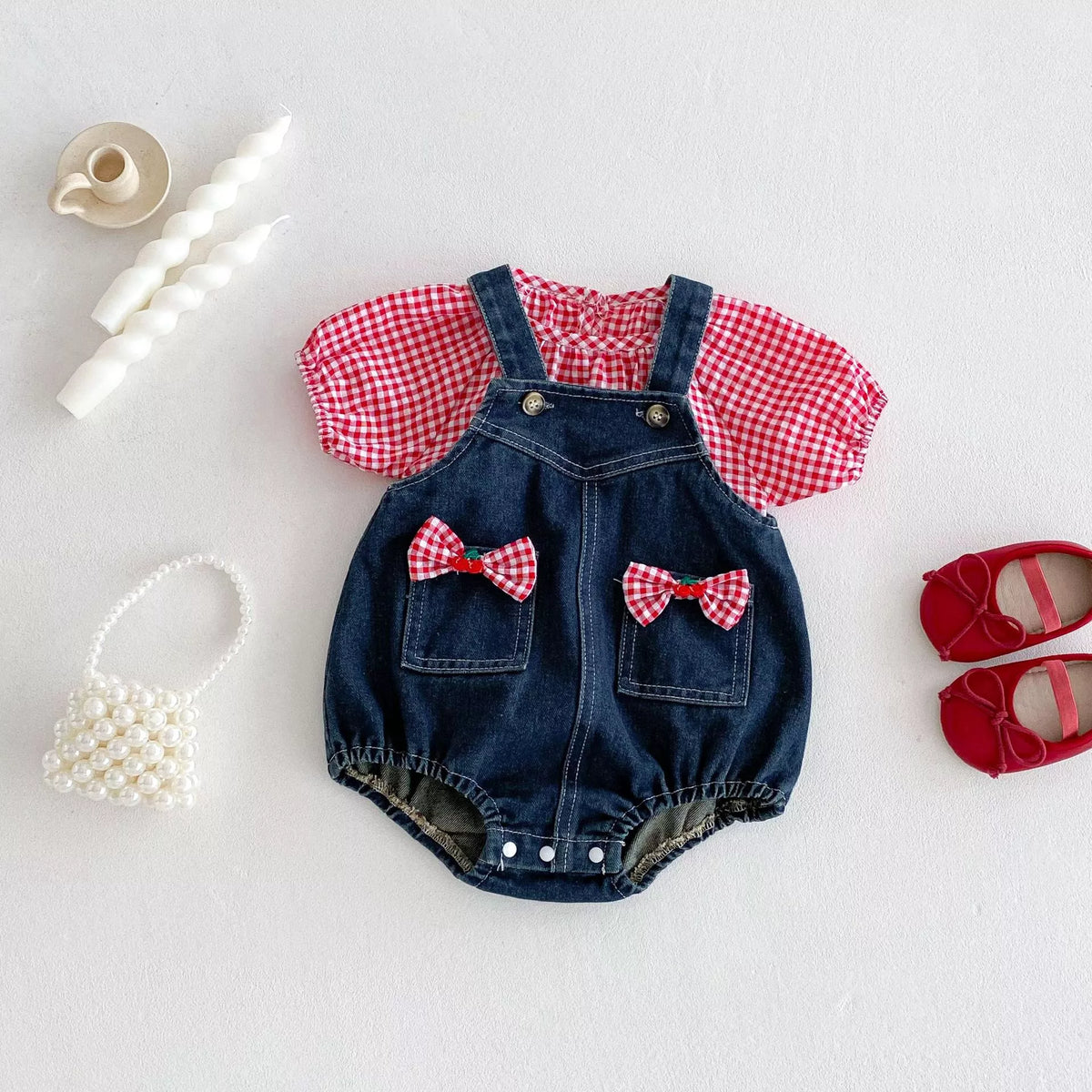 2 Pc Baby Girl Gingham Shirt & Denim Overall Set