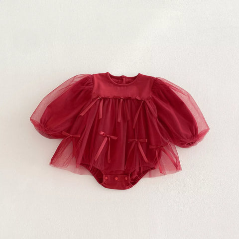 Baby Girl Red Ribbon Tulle Bodysuit Dress