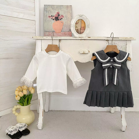 2 Pc Girls Contrast Ribbon Pinafore Dress
