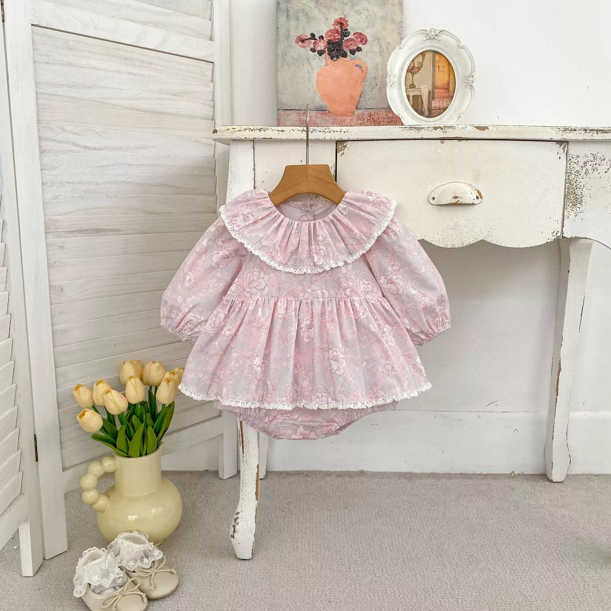 Baby Girl Pink Vintage Floral Ruffle Collar Dress