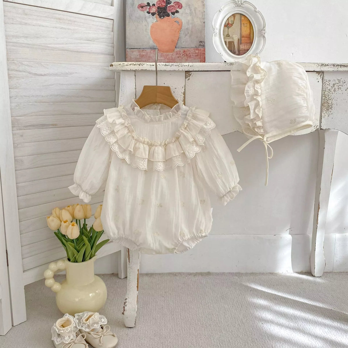 2 Pc Baby Girl Ethereal Ruffle Bib Bodysuit w/ Bonnet