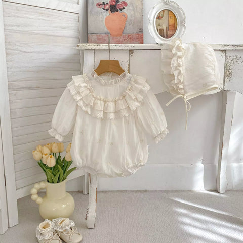 2 Pc Baby Girl Ethereal Ruffle Bib Bodysuit w/ Bonnet