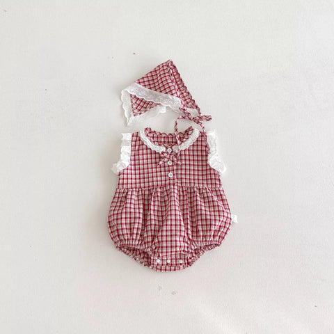 2 Pc Baby Girl Plaid Lace Trim Bodysuit w/ Bandana