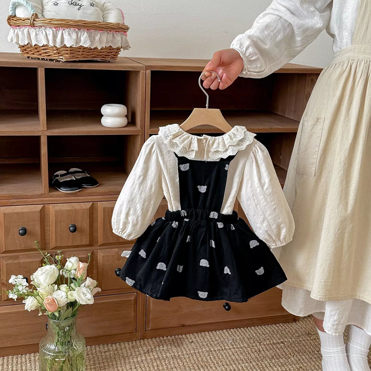 2 Pc Baby Girls Bear Print Overall Dress & Ruffle Shirt Set