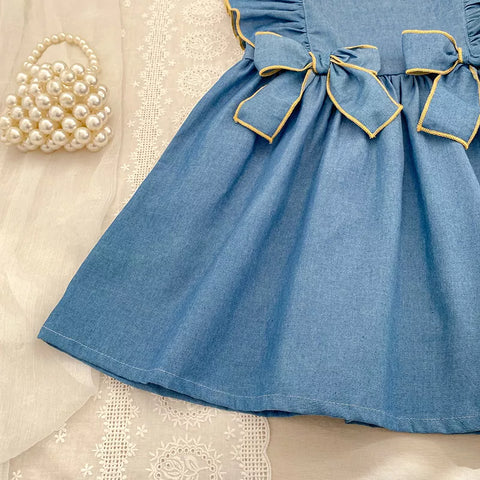 Girls Bows Chambray Denim Dress/Bodysuit
