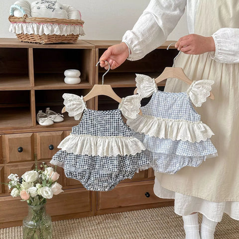 Baby Girls Gingham Lace Sleeve Bodysuit Dress