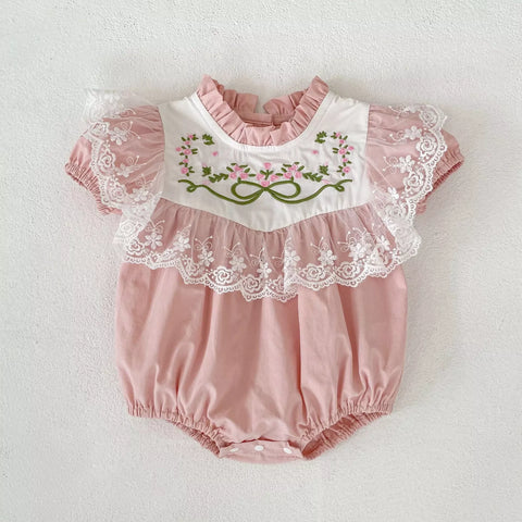 Girls Lace Trim Flower Embroidered Bodysuit or Dress