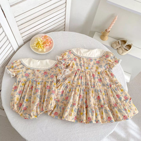 Girls Vintage Flower Print Collar Bodysuit or Dress