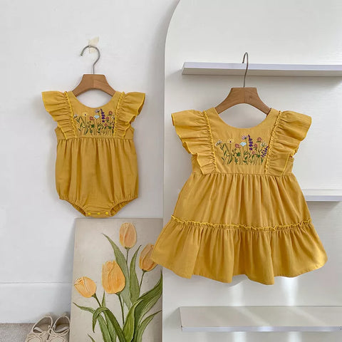 Girls Summer Wild Flower Embroidered Bodysuit or Dress