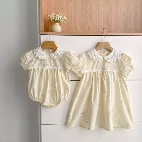Girls Butter Yellow Bouquet Embroidered Bodysuit or Dress